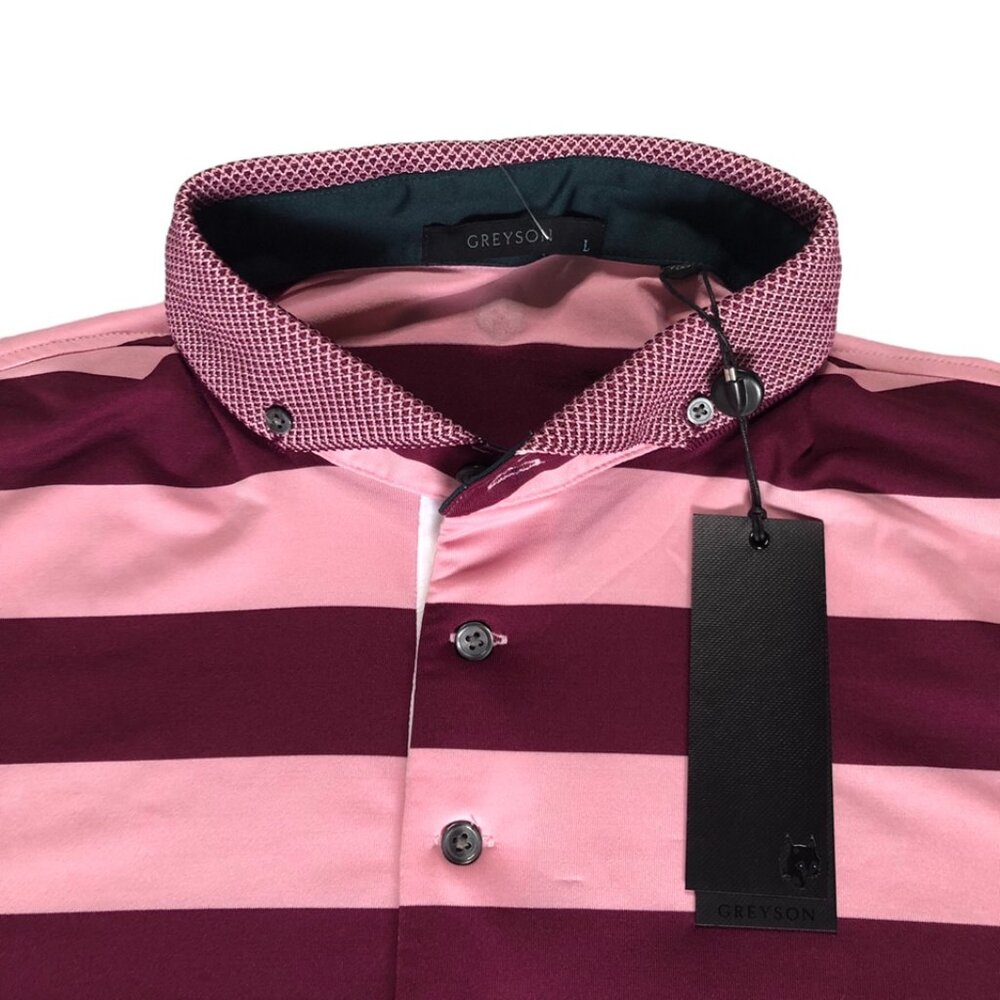 Greyson Golf Saranac Short Sleeve Striped Polo Shirt Burgandy Red Large NWT